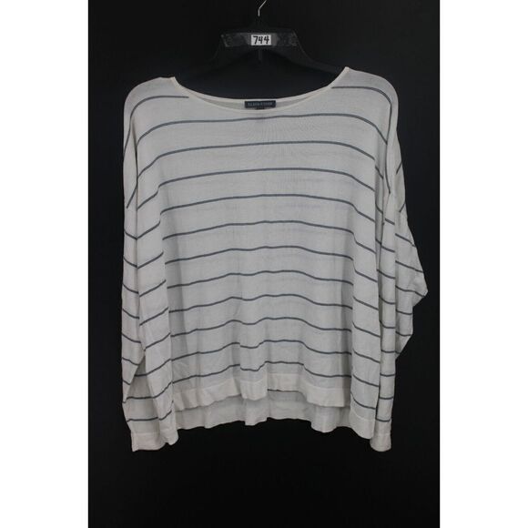 EILEEN FISHER M WHITE STRIPED LIGHTWEIGHT TENCEL BLEND BOXY SWEATER - Picture 1 of 6